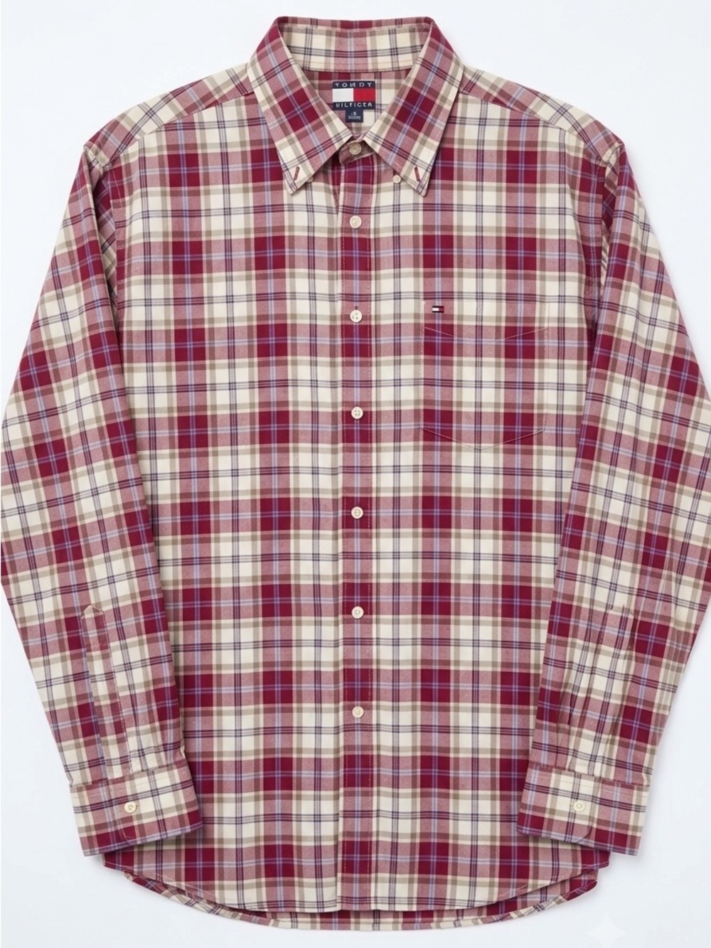Tommy Hilfiger Men's Red and White Plaid Button-Down Shirt